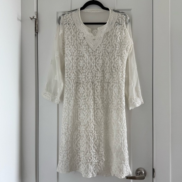 Vintage white silk tunic coverup with hand embroidery - Small - Picture 2 of 7